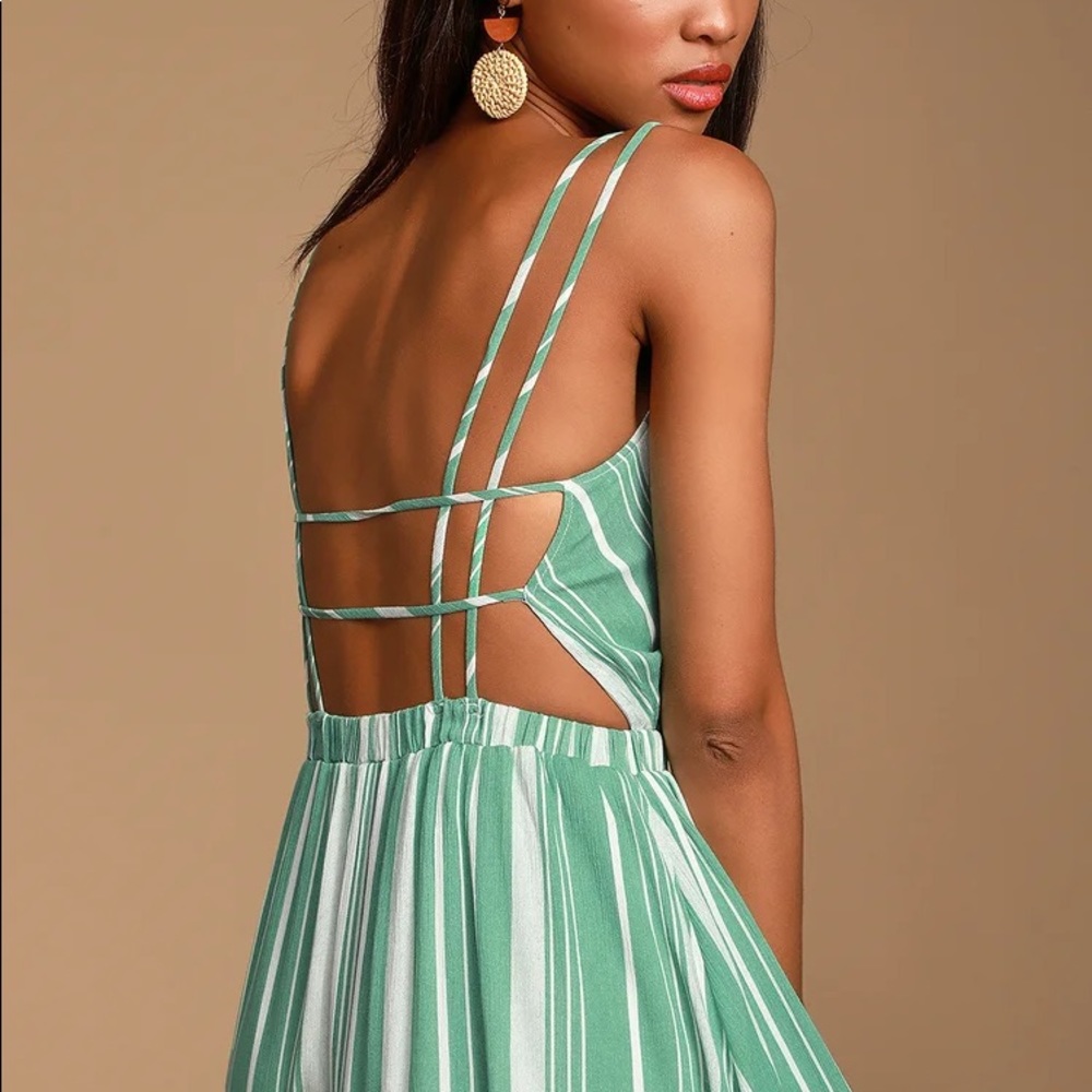 Lulus Oceanside Adventure Green Striped Backless Skater Dress
